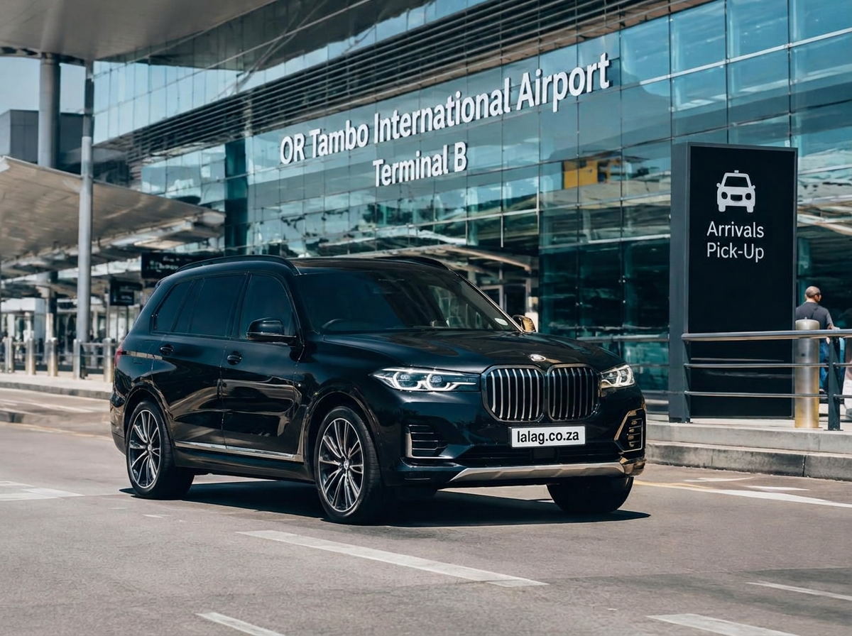Black SUV waiting at the OR Tambo International Airport arrivals pick-up